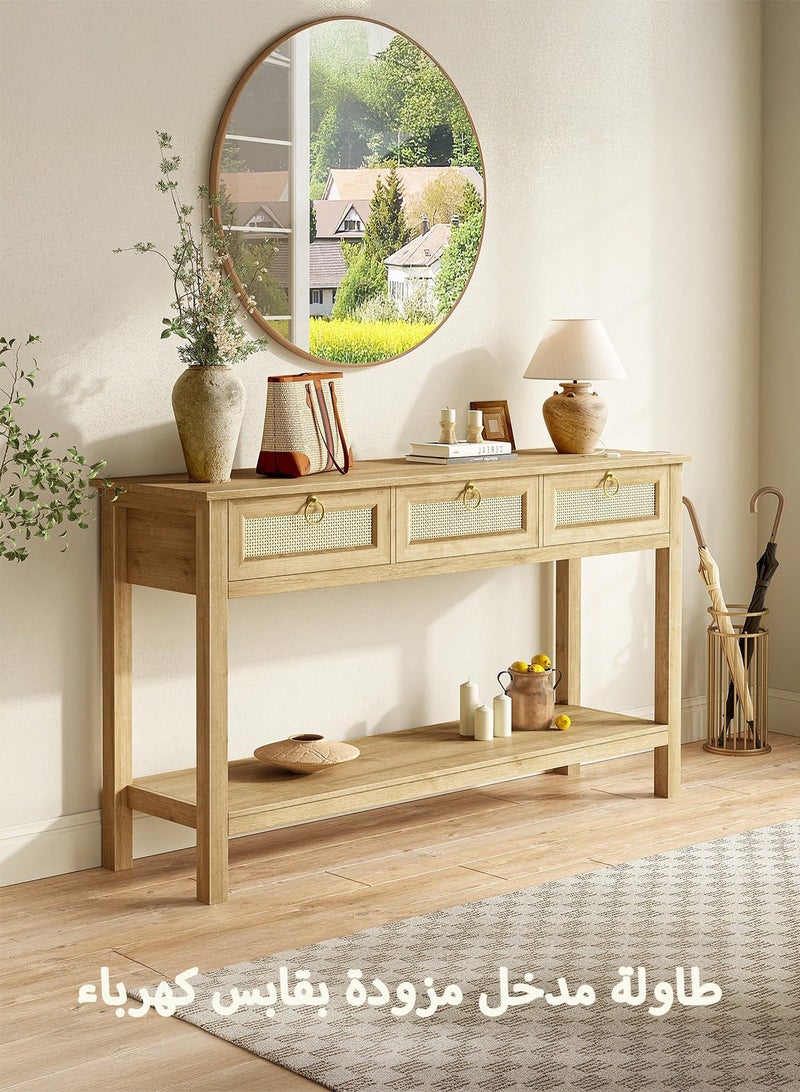 يانارا طاولة كونسول من الروطان بطول 120 سم، مزودة بمقابس كهربائية ومنفذ USB-C، طاولة مدخل بـ 3 أدراج وسطح روطان صناعي، مع رف مفتوح، لتخزين الممرات والردهات خلف الأريكة، بتصميم طبيعي - Image 2