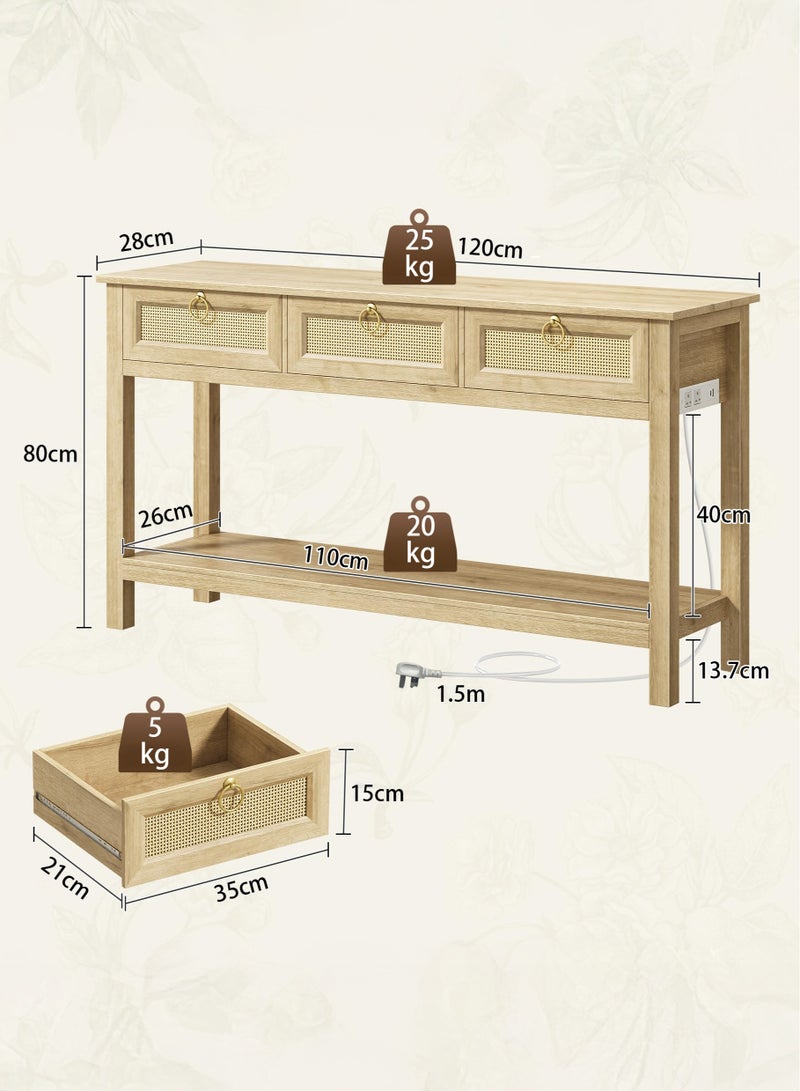 يانارا طاولة كونسول من الروطان بطول 120 سم، مزودة بمقابس كهربائية ومنفذ USB-C، طاولة مدخل بـ 3 أدراج وسطح روطان صناعي، مع رف مفتوح، لتخزين الممرات والردهات خلف الأريكة، بتصميم طبيعي - Image 3