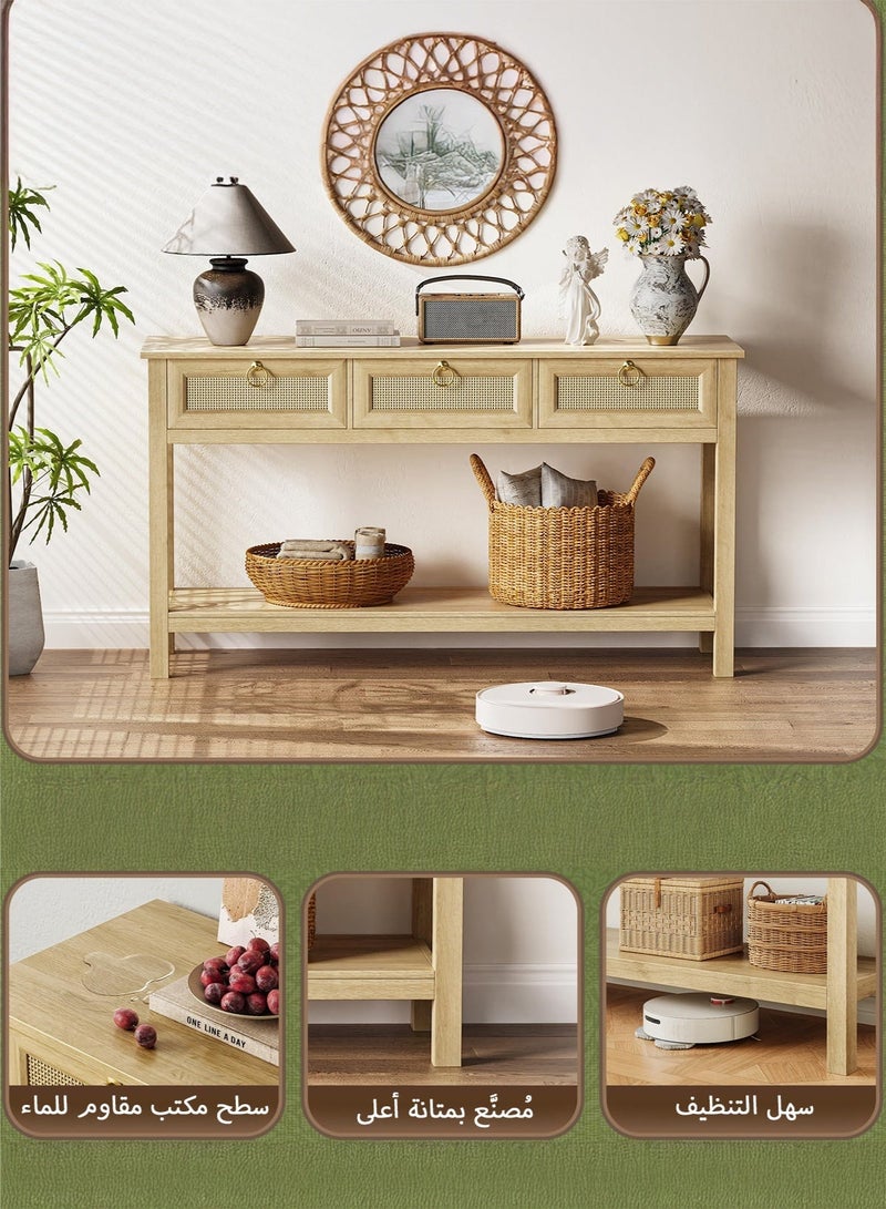 يانارا طاولة كونسول من الروطان بطول 120 سم، مزودة بمقابس كهربائية ومنفذ USB-C، طاولة مدخل بـ 3 أدراج وسطح روطان صناعي، مع رف مفتوح، لتخزين الممرات والردهات خلف الأريكة، بتصميم طبيعي - Image 5