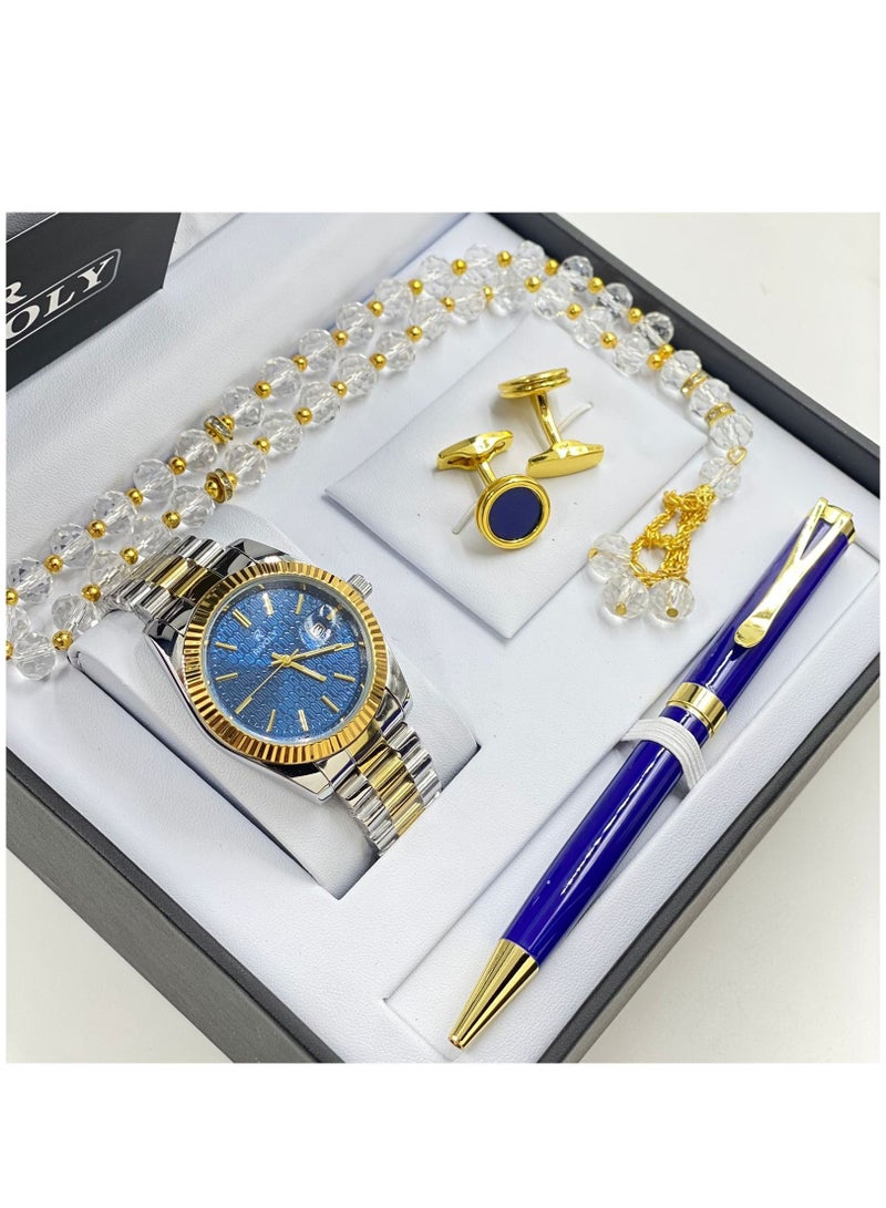 ريفولي طقم رجالي من الستانلس ستيل مكون من ساعة وسبحة وقلم وازرار اكمام القمصان