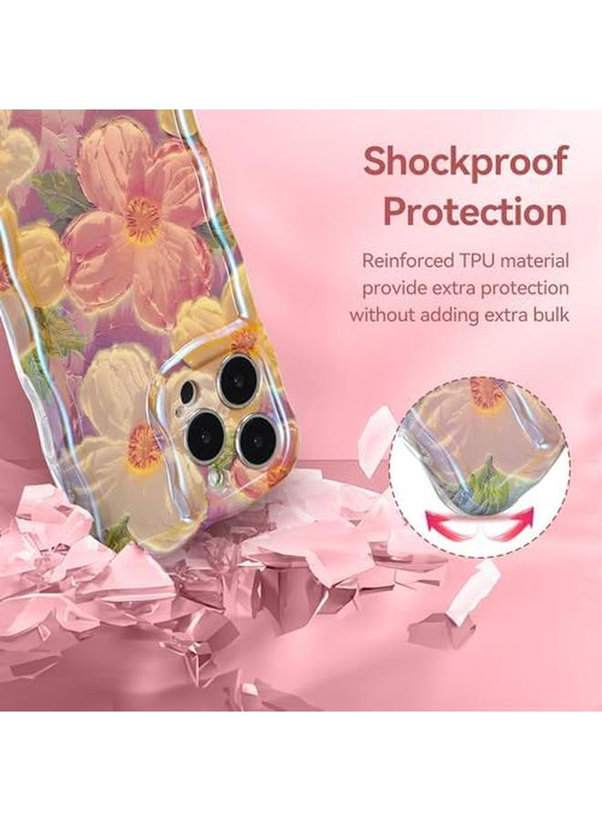 إيروريكس جراب لهاتف iPhone 15 Pro Max للنساء، جراب برسومات زيتية على شكل زهور وشعاع ليزر لامع ونمط موجات وحواف مع واقي عدسة، جراب سيليكون مقاوم للصدمات لهاتف iPhone 15 Pro Max أرجواني - Image 5