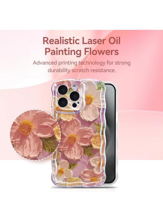 إيروريكس جراب لهاتف iPhone 15 Pro Max للنساء، جراب برسومات زيتية على شكل زهور وشعاع ليزر لامع ونمط موجات وحواف مع واقي عدسة، جراب سيليكون مقاوم للصدمات لهاتف iPhone 15 Pro Max أرجواني - Image 2