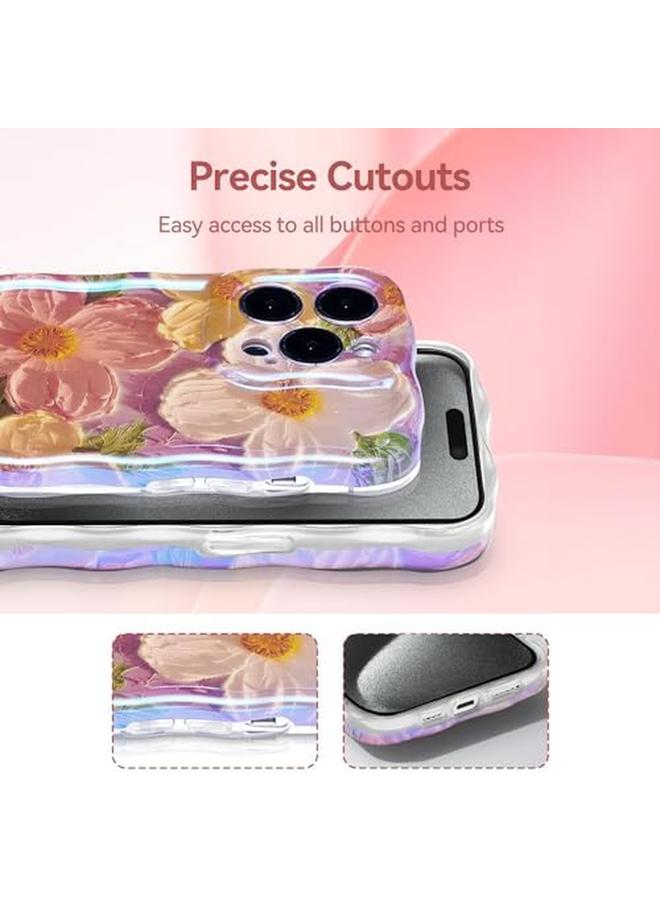 إيروريكس جراب لهاتف iPhone 15 Pro Max للنساء، جراب برسومات زيتية على شكل زهور وشعاع ليزر لامع ونمط موجات وحواف مع واقي عدسة، جراب سيليكون مقاوم للصدمات لهاتف iPhone 15 Pro Max أرجواني - Image 4