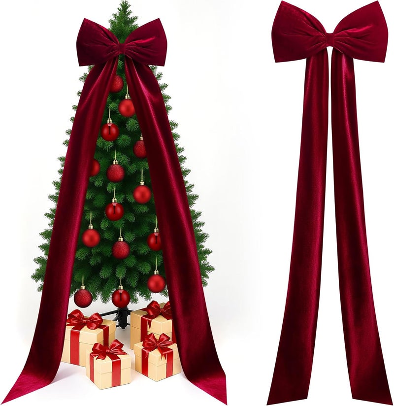 Knitgrip Extra Large Velvet Christmas Tree Topper Bow Giant Bow with Long Streamers Oversized Wrapping Gifts for Holiday Party Xmas Tree Wedding Home Decorations(Red,118 Inch) - Image 1