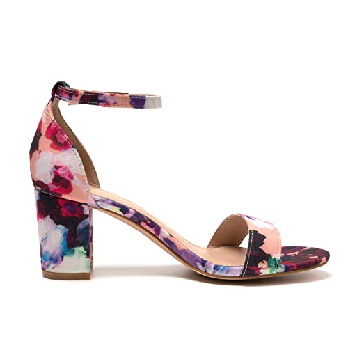 FUNKYMONKEY Women's Chunky High Heels Sandals,Two Strap Open Toe Ankle Strap Heeled Sandal,Party Wedding Strappy Buckle Sandals(6 M US, Flower) - Image 2