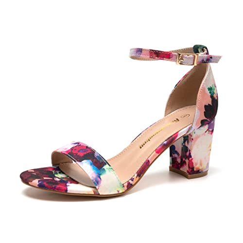 FUNKYMONKEY Women's Chunky High Heels Sandals,Two Strap Open Toe Ankle Strap Heeled Sandal,Party Wedding Strappy Buckle Sandals(6 M US, Flower) - Image 1