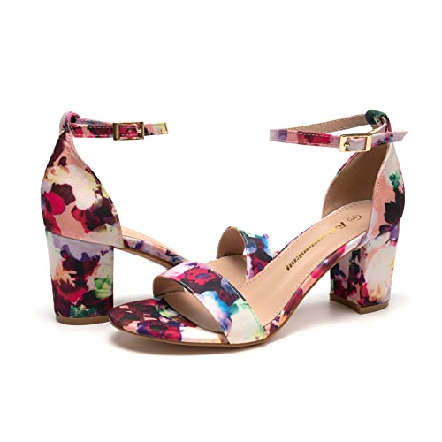 FUNKYMONKEY Women's Chunky High Heels Sandals,Two Strap Open Toe Ankle Strap Heeled Sandal,Party Wedding Strappy Buckle Sandals(6 M US, Flower) - Image 5