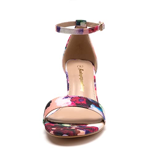 FUNKYMONKEY Women's Chunky High Heels Sandals,Two Strap Open Toe Ankle Strap Heeled Sandal,Party Wedding Strappy Buckle Sandals(6 M US, Flower) - Image 3