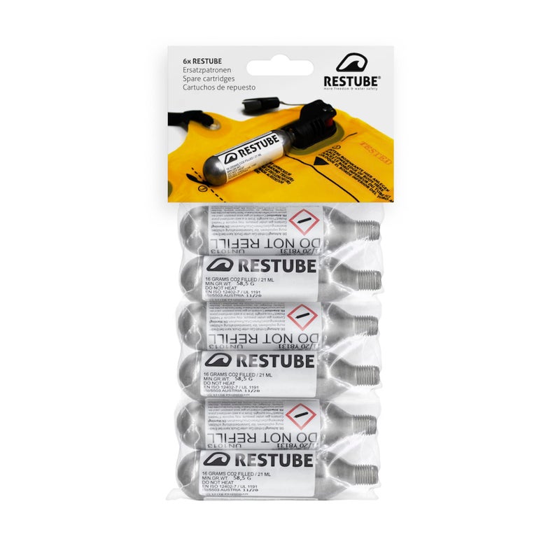 Restube CO2 Replacement Cartridges for One-Pull Inflatable Swim Buoy (Set of 6) - 16g Waterproof Marine CO2 Inflators for Swimming Float Buoyancy Aid - Image 1
