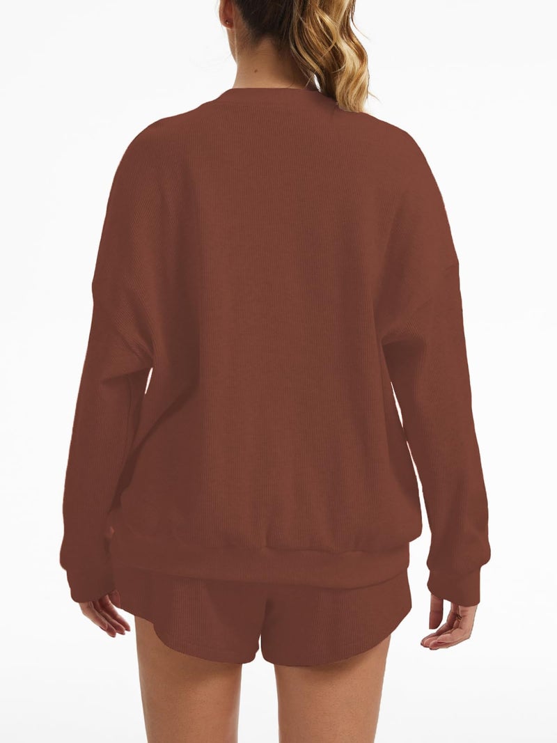 AnotherChill Women's Oversized Waffle Knit Lounge Set Long Sleeve Sweatshirt and High Waisted Shorts 2 Piece Casual Outfit (Brown, Large) - Image 4
