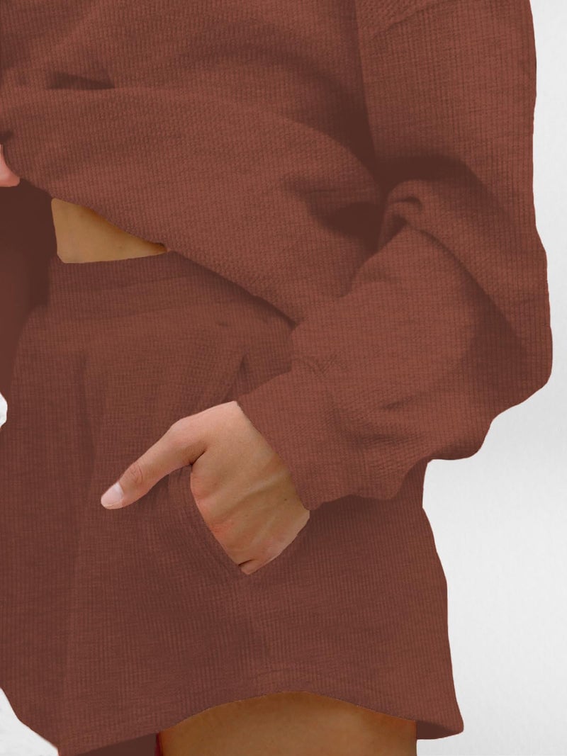 AnotherChill Women's Oversized Waffle Knit Lounge Set Long Sleeve Sweatshirt and High Waisted Shorts 2 Piece Casual Outfit (Brown, Large) - Image 5