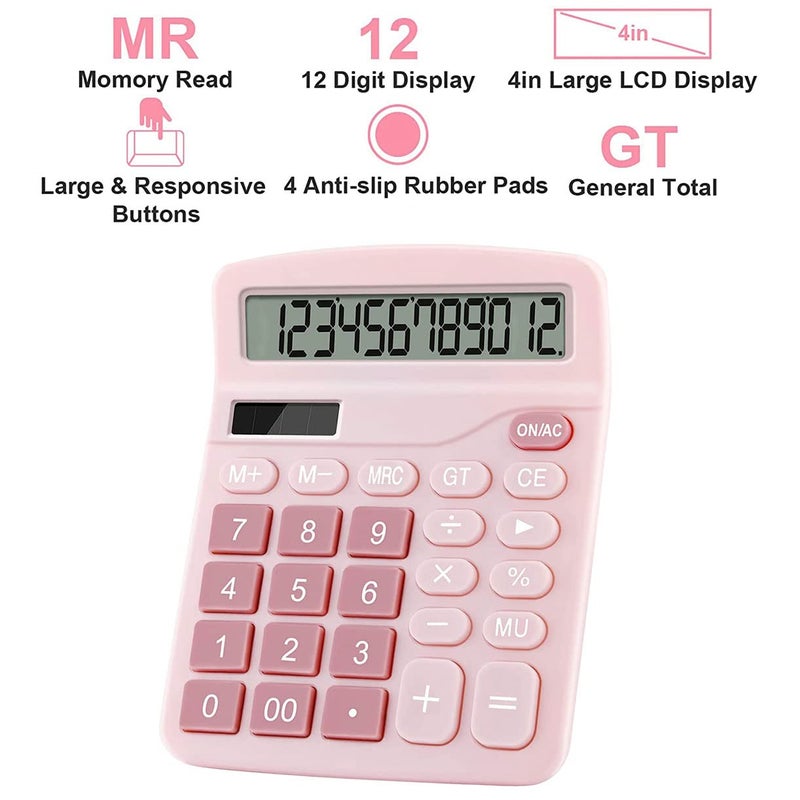 Podokas Office Calculators Desktop, 12-Digit Dual Power Cute Calculator with Large LCD Display Big Button for Office Home and School (Pink) - Image 4