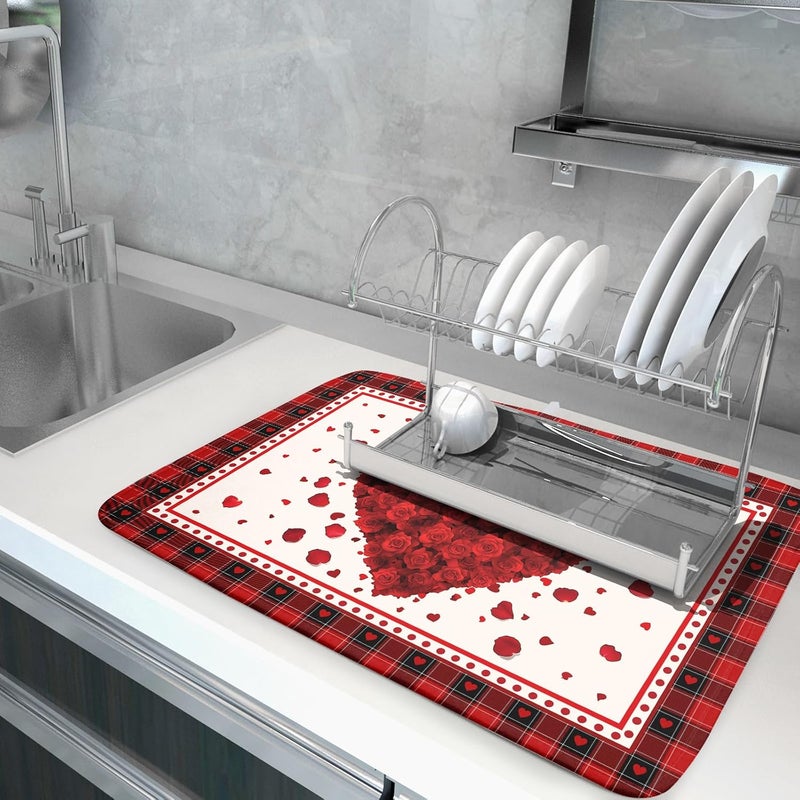 Giwawa Love Heart Dish Drying Mat 18x24 inch Valentines Day Red Rose Flowers Dish Drainer Mats Red Black Buffalo Plaids Absorbent Dish Drying Pad for Kitchen Countertop Wedding Large Decor - Image 5