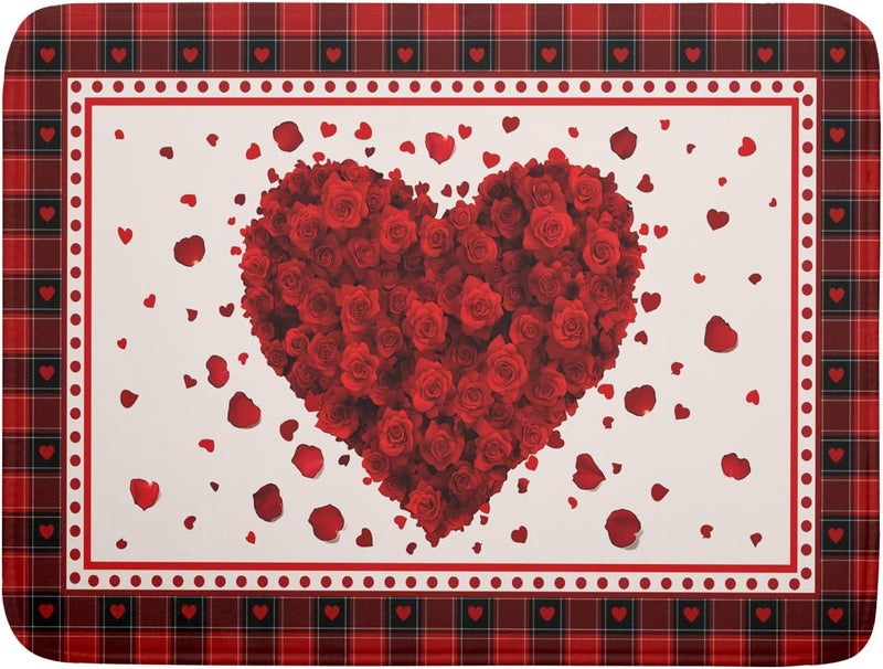 Giwawa Love Heart Dish Drying Mat 18x24 inch Valentines Day Red Rose Flowers Dish Drainer Mats Red Black Buffalo Plaids Absorbent Dish Drying Pad for Kitchen Countertop Wedding Large Decor - Image 1