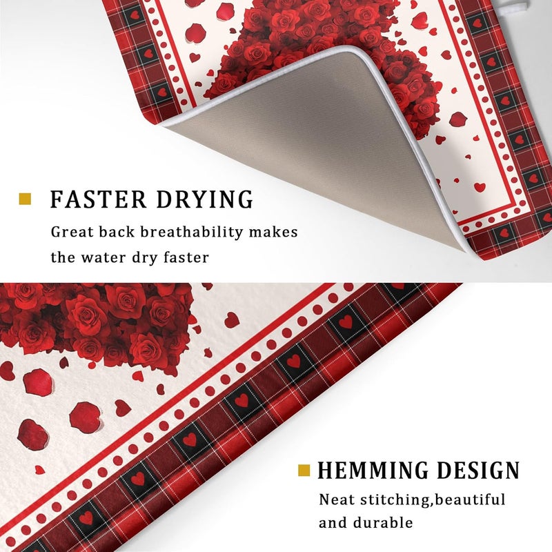 Giwawa Love Heart Dish Drying Mat 18x24 inch Valentines Day Red Rose Flowers Dish Drainer Mats Red Black Buffalo Plaids Absorbent Dish Drying Pad for Kitchen Countertop Wedding Large Decor - Image 3