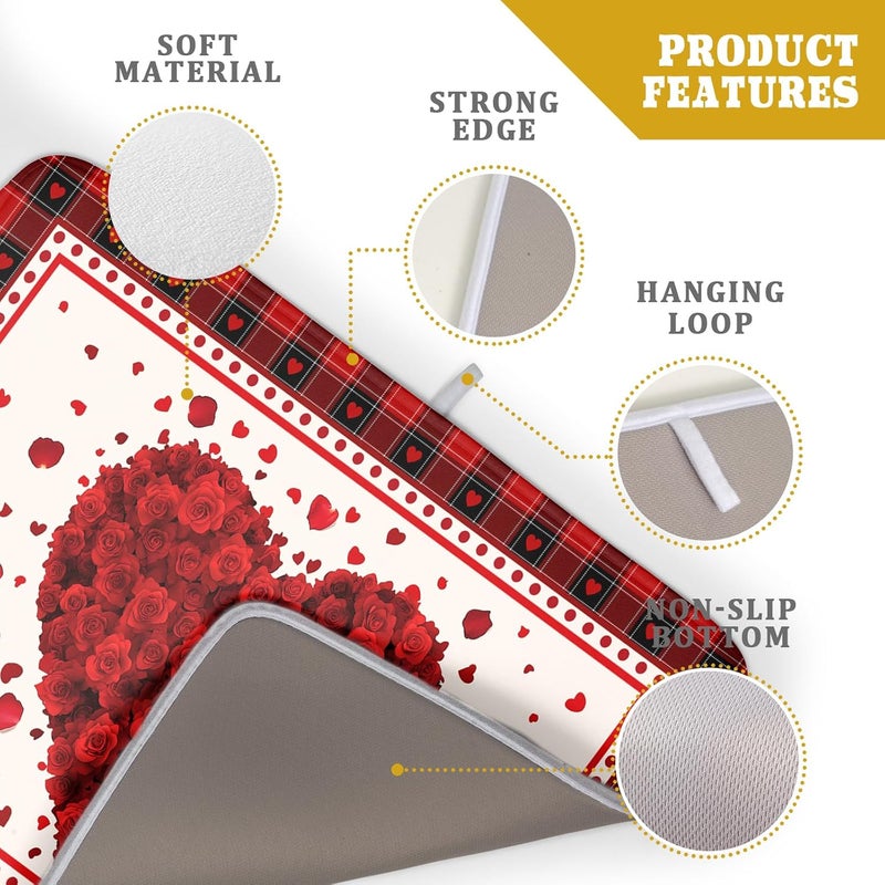 Giwawa Love Heart Dish Drying Mat 18x24 inch Valentines Day Red Rose Flowers Dish Drainer Mats Red Black Buffalo Plaids Absorbent Dish Drying Pad for Kitchen Countertop Wedding Large Decor - Image 4