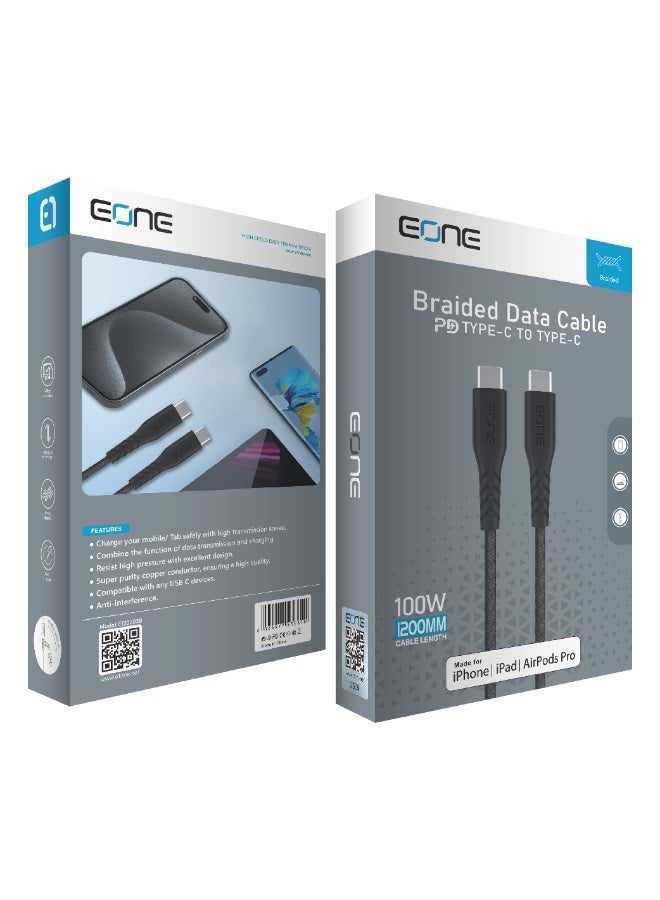 EONE USB-C to USB-C Cable 100W 1.2M Black, PD Fast Charging Type-C Cable, Nylon Braided Durable Cable for Laptop, Tablet & Smartphone - Image 2
