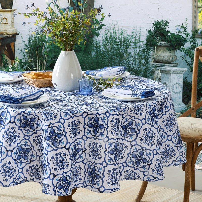 Newbridge 70 Inch Round Fabric Tablecloth Blue Amani Tile Print Indoor Outdoor Soil Resistant Water Repellant Fabric Table Cover for Party and Dining Delft Blue Medallion