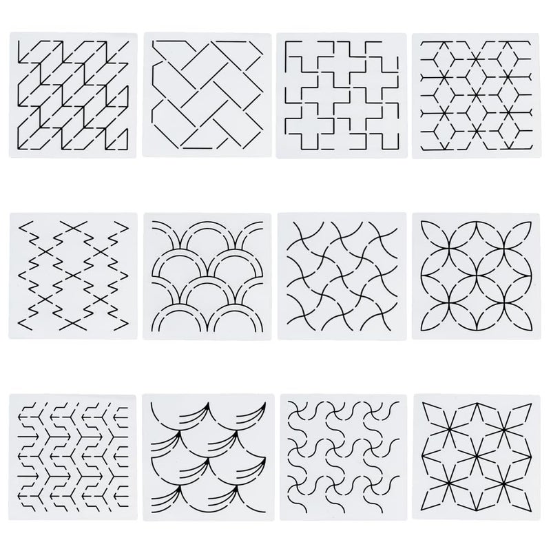 FREEBLOSS 12Pcs Sashiko Stencils Sashiko Embroidery PET Template Drawing Line Template for Hand Quilting Sashiko Patterns Templates Embroidery Stencils 55 55