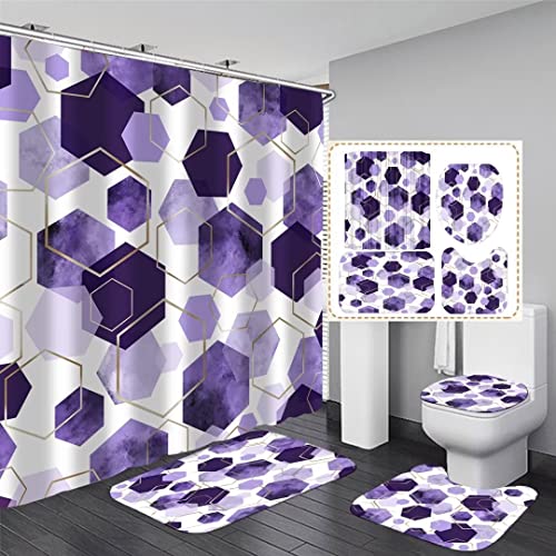 LQCOOL 4Pcs Purple Shower Curtain Set Marble Grain Geometric Bathroom Set Lavender Abstract Bathroom Curtain Set with 12 Hooks Carpet Bath Mat and Toilet Rugs - Image 2