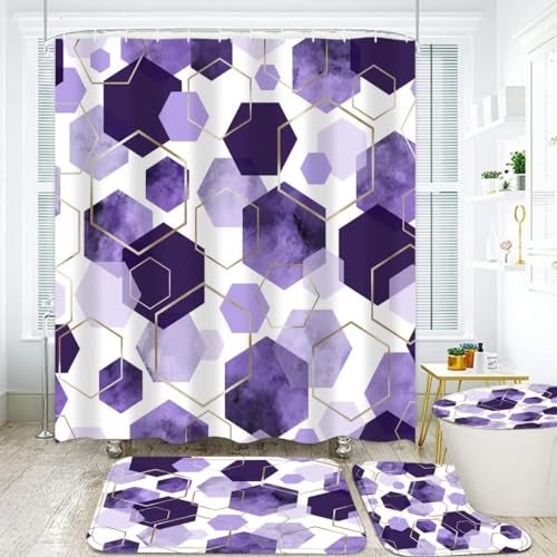 LQCOOL 4Pcs Purple Shower Curtain Set Marble Grain Geometric Bathroom Set Lavender Abstract Bathroom Curtain Set with 12 Hooks Carpet Bath Mat and Toilet Rugs - Image 1