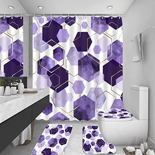 LQCOOL 4Pcs Purple Shower Curtain Set Marble Grain Geometric Bathroom Set Lavender Abstract Bathroom Curtain Set with 12 Hooks Carpet Bath Mat and Toilet Rugs - Image 3