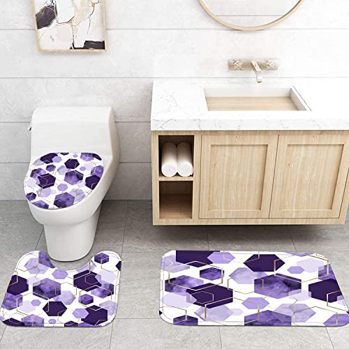 LQCOOL 4Pcs Purple Shower Curtain Set Marble Grain Geometric Bathroom Set Lavender Abstract Bathroom Curtain Set with 12 Hooks Carpet Bath Mat and Toilet Rugs - Image 5