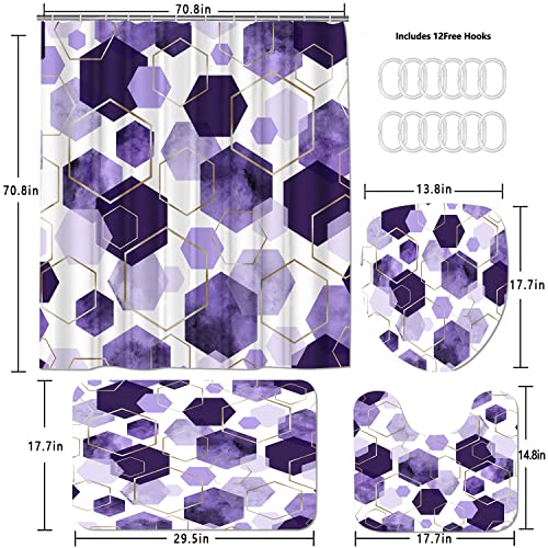 LQCOOL 4Pcs Purple Shower Curtain Set Marble Grain Geometric Bathroom Set Lavender Abstract Bathroom Curtain Set with 12 Hooks Carpet Bath Mat and Toilet Rugs - Image 4