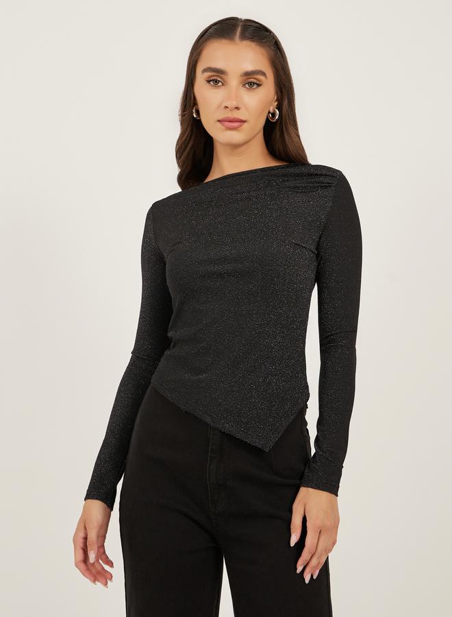 Styli Glittered Asymmetrical Neckline Fitted Top  - Image 1