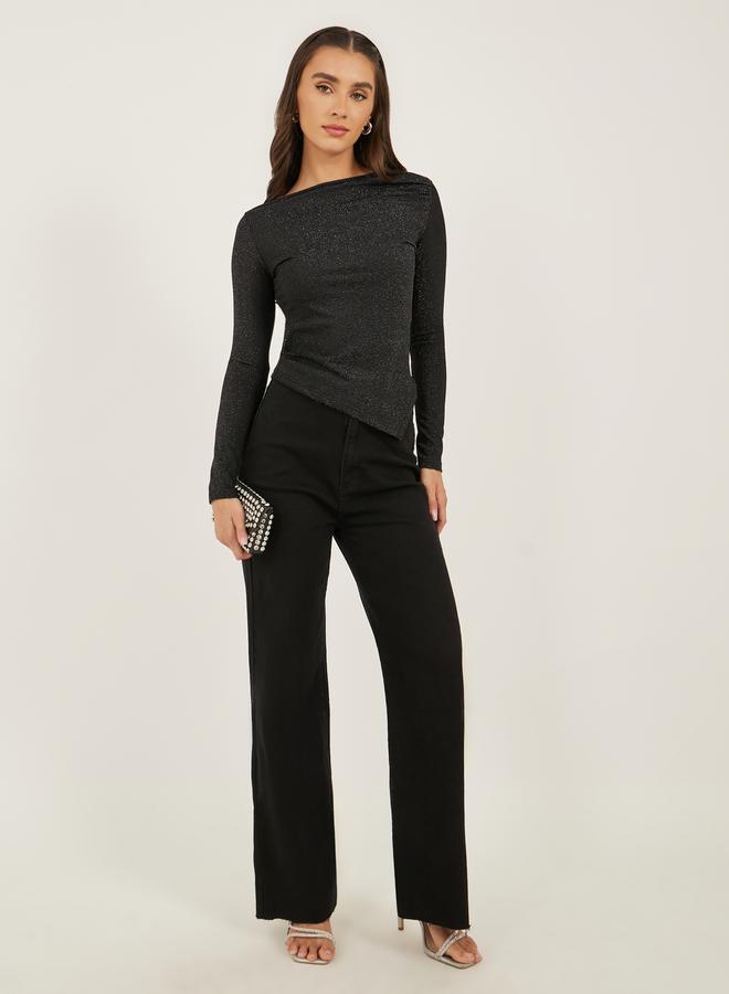 Styli Glittered Asymmetrical Neckline Fitted Top  - Image 2