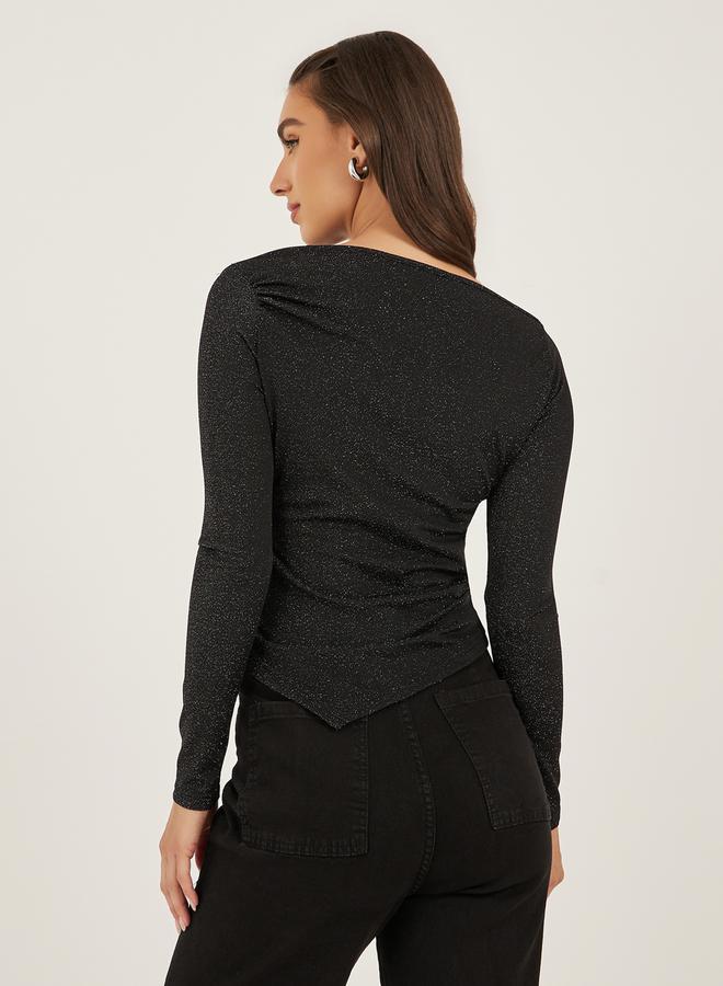 Styli Glittered Asymmetrical Neckline Fitted Top  - Image 4