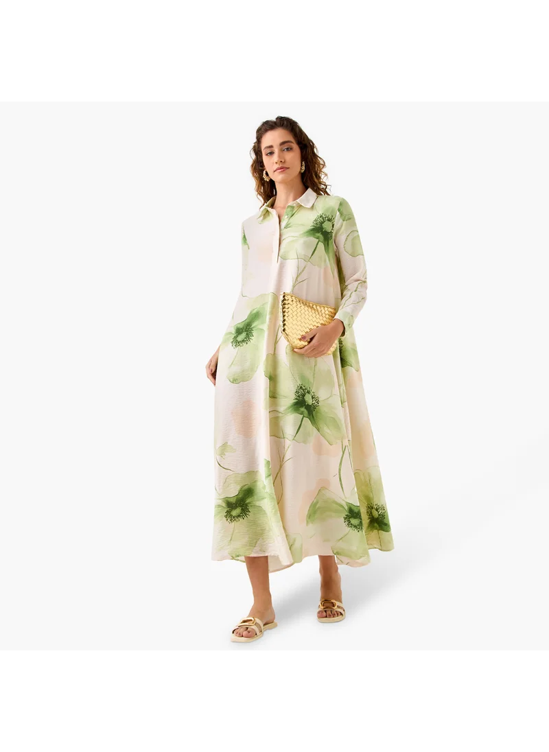 Iconic Iconic Floral Print Trapeze Maxi Dress with Collar and Long Sleeves