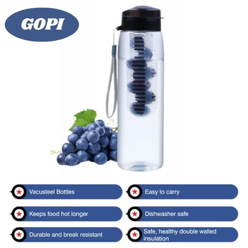 GOPI Infuse Plastic Water Bottle, 800 ml, Black, Set of 2 | Detox Bottle with Infuser Chamber | Leakproof Plastic Bottle with Wide Mouth Opening | Ideal for Gym, Office, Travel - Image 5