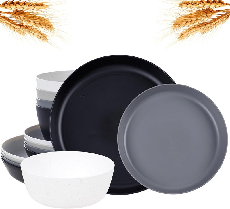ejonirinjonir EI 12pcs Wheat Straw Dinnerware Set of 4,Reusable Plastic Plates,Unbreakable Dinner Plates,Deep Dinner Hard Premium Plastic Plates,Microwave Dishwasher Safe for Camping,Picninc,Family Dinner - Image 1