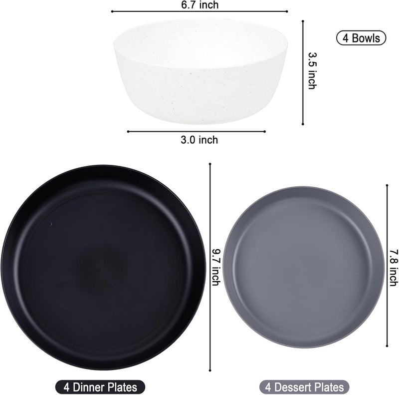 ejonirinjonir EI 12pcs Wheat Straw Dinnerware Set of 4,Reusable Plastic Plates,Unbreakable Dinner Plates,Deep Dinner Hard Premium Plastic Plates,Microwave Dishwasher Safe for Camping,Picninc,Family Dinner - Image 2
