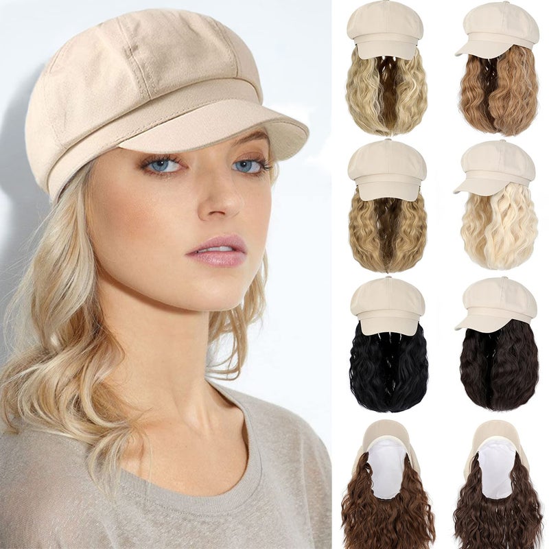 Qlenkay Qlenkay Newsboy Cap with Bob Hair Extensions Khaki Hat Wig 8 Panel Visor Beret Attached Synthetic 14 Short Curly Wavy Hairpiece for Woman Ash Blonde