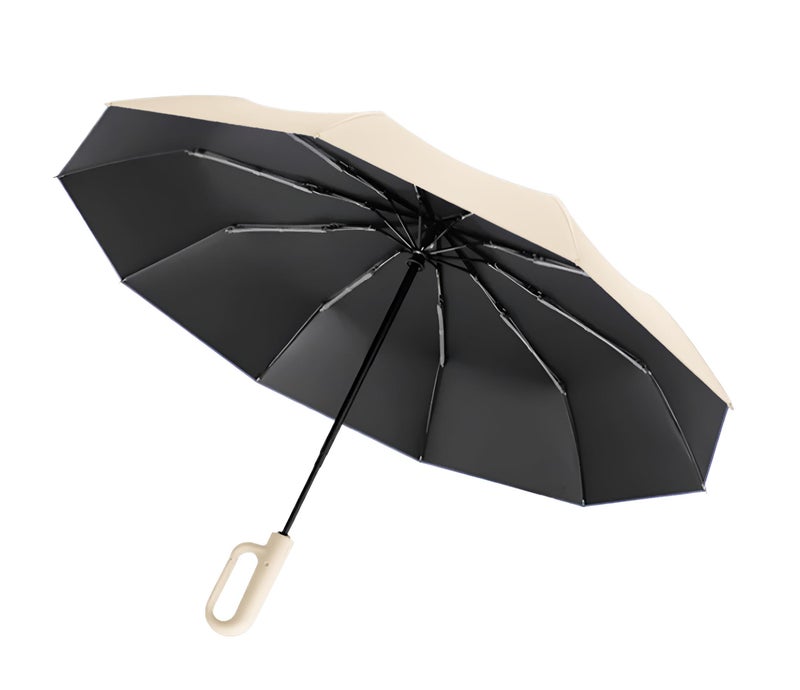 Contacts Ring Buckle Umbrella 2025 – Two Folding Travel Umbrella, Windproof, Automatic Open/Close, Compact for Rain & Sun (Beige) - Image 2