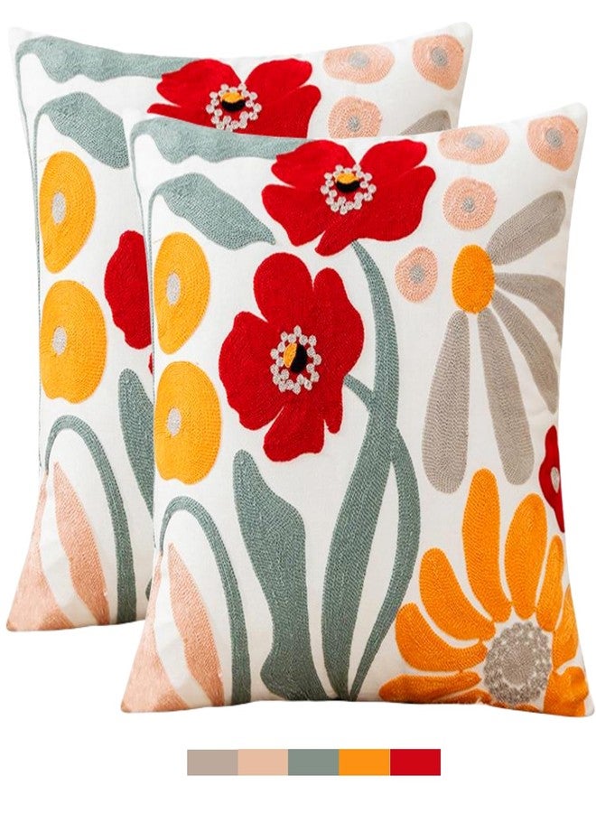 IcosaMro Pack of 2 Summer Embroidered Floral Decorative Throw Pillow Covers 18x18 Inches Seasonal Tropical Embroidery Pillow Cases for Outdoor Couch Sofa Bedroom Living Room Cotton Cushion Covers - Image 1