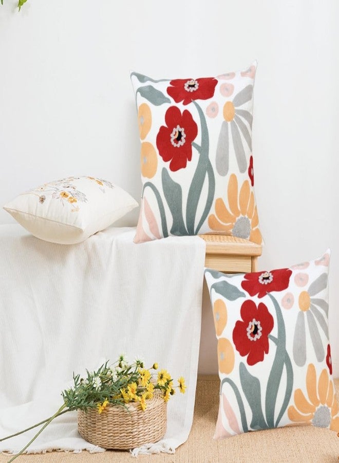 IcosaMro Pack of 2 Summer Embroidered Floral Decorative Throw Pillow Covers 18x18 Inches Seasonal Tropical Embroidery Pillow Cases for Outdoor Couch Sofa Bedroom Living Room Cotton Cushion Covers - Image 2