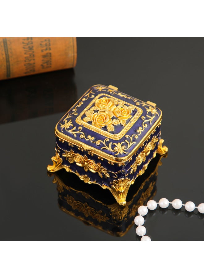 7*7*5cm | Vintage Royal Blue Enamel Metal Jewelry Box | Intricate Floral Embossed Pattern, Velvet Lining Interior, Secure Locking Clasp | Organized Storage & Display for Necklaces, Rings, Earrings | Luxury Gift for Women - Image 1