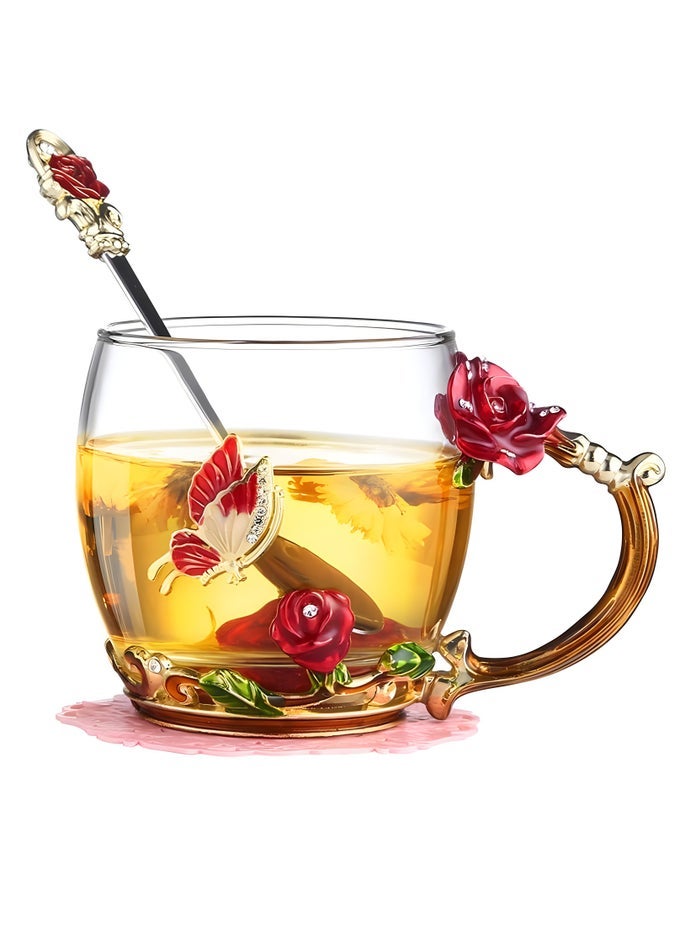 ENAMELS BUTTERFLY FLOWER LEAD-FREE GLASS COFFEE MUGS TEA CUP WITH STEEL SPOON, PERSONALISED GIFTS FOR WOMEN WIFE MOM FRIENDS BIRTHDAY MOTHERS DAY WEDDING