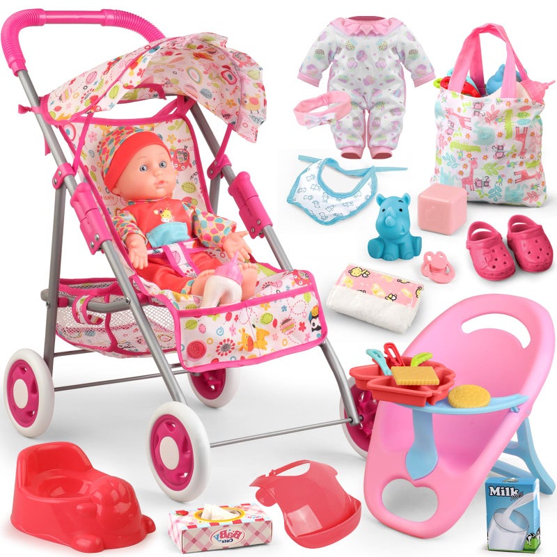 YIYBM Baby Doll Stroller Set Toys for Girls Toddlers 35 46 GiftsBaby Doll Set with 125 inch Doll1 Baby Dining Chair20 PCS Baby Doll Accessories and 2 Sets Doll Clothes for Realistic Pretend Play - Image 3