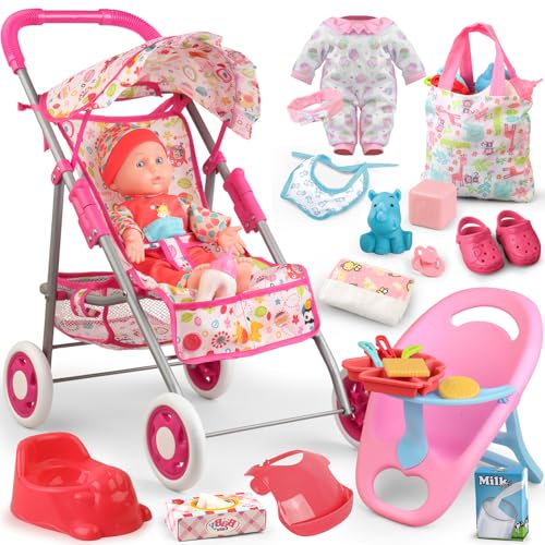 YIYBM Baby Doll Stroller Set Toys for Girls Toddlers 35 46 GiftsBaby Doll Set with 125 inch Doll1 Baby Dining Chair20 PCS Baby Doll Accessories and 2 Sets Doll Clothes for Realistic Pretend Play - Image 1