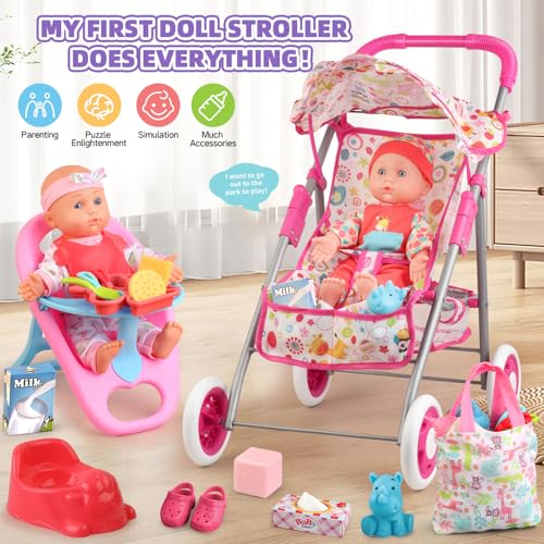 YIYBM Baby Doll Stroller Set Toys for Girls Toddlers 35 46 GiftsBaby Doll Set with 125 inch Doll1 Baby Dining Chair20 PCS Baby Doll Accessories and 2 Sets Doll Clothes for Realistic Pretend Play - Image 5