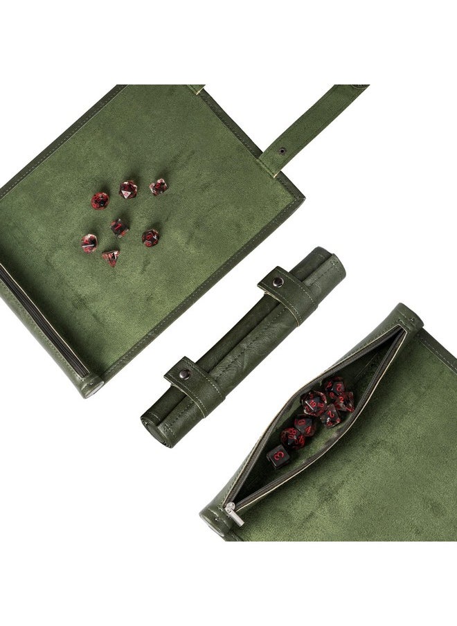 cusdie Cusdie 2 in 1 Rolling Mat & Zippered Dice Holder Tray - Compatible With DND Polyhedral Dungeons and Dragon (Leatherette-Green)  - Image 1