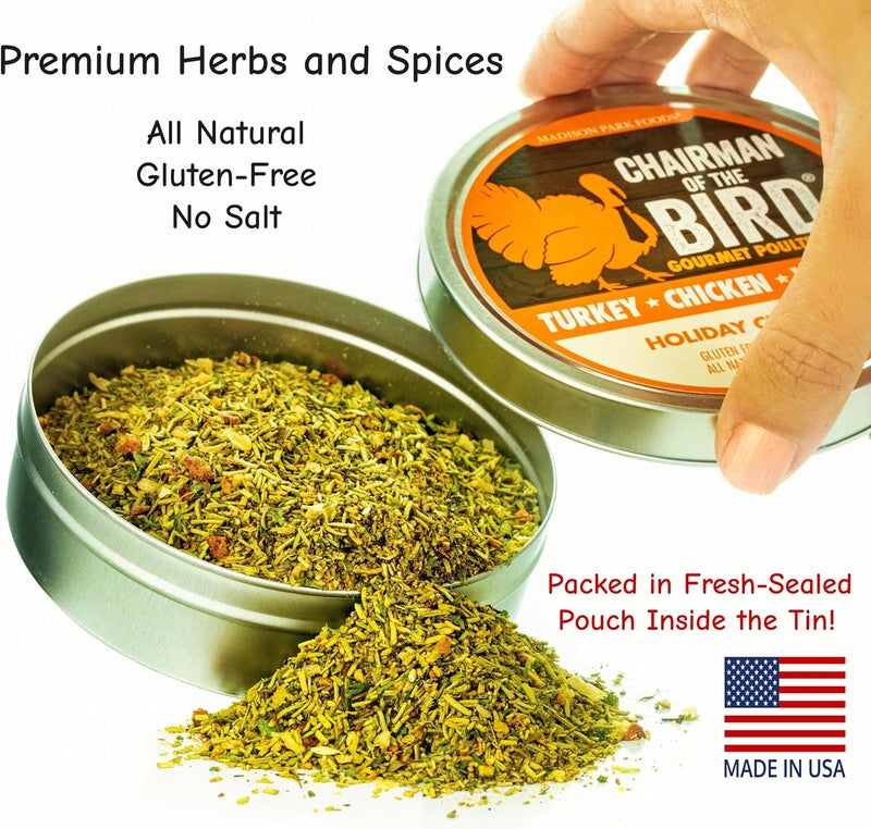Chairman of the Bird Gourmet Turkey Rub Seasoning - Citrus-Herb Spice Blend - Orange, Cranberry, Rosemary, Sage - Roast, Grill, Smoke - Natural, Gluten-Free, No Salt - 2oz Fresh-Sealed Pouch in Tin - Image 4