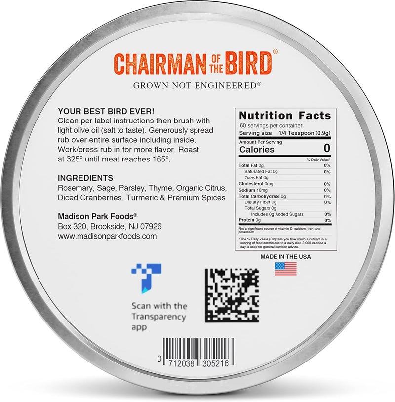 Chairman of the Bird Gourmet Turkey Rub Seasoning - Citrus-Herb Spice Blend - Orange, Cranberry, Rosemary, Sage - Roast, Grill, Smoke - Natural, Gluten-Free, No Salt - 2oz Fresh-Sealed Pouch in Tin - Image 2