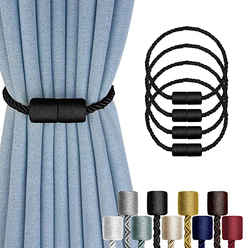 XDerlin 4 Pack Strong Magnetic Curtain Tiebacks Outdoor Decorative Tie Backs Modern Rope Tiebacks Modern Handmade Tie Backs Decorative Curtain Holdbacks for raperies-Black - Image 1
