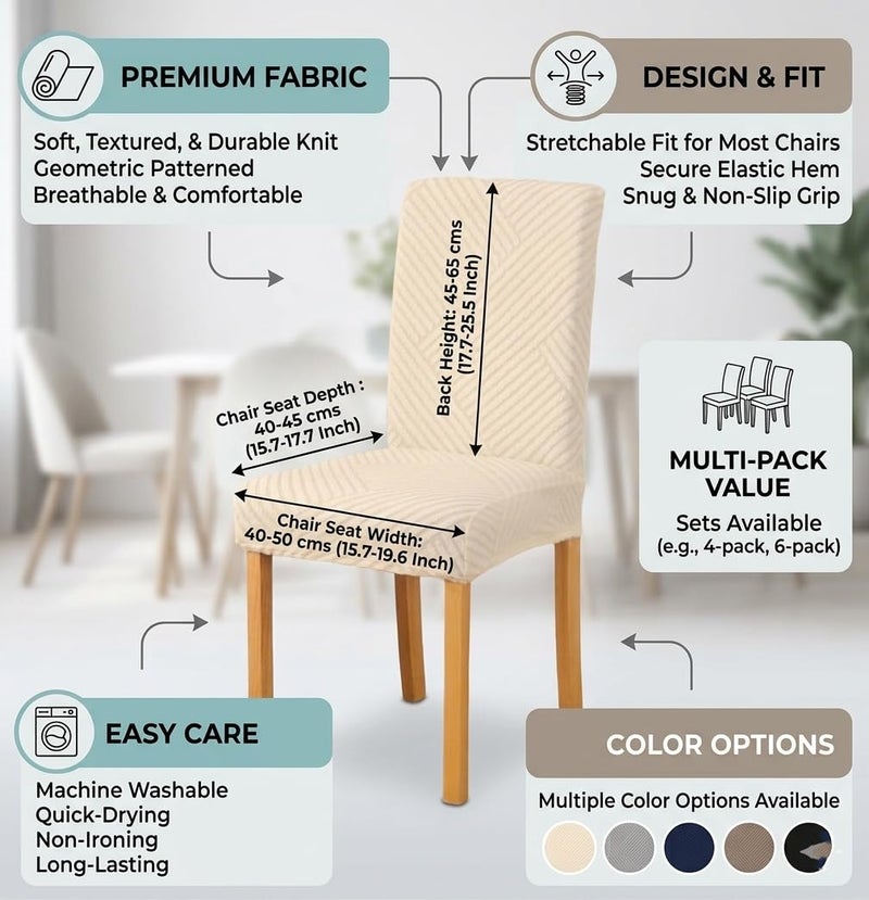 Styleys Jacquard Chair Cover Stretch Removable Washable Dining Chair Cover Protector Seat Slipcover (Pack of 6, Ivory, JDMC1) - Image 3
