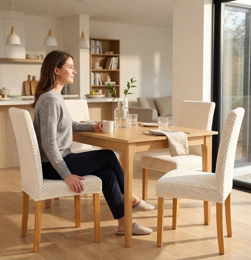 Styleys Jacquard Chair Cover Stretch Removable Washable Dining Chair Cover Protector Seat Slipcover (Pack of 6, Ivory, JDMC1) - Image 2